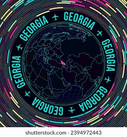 Georgia on globe. Satelite view of the world centered to Georgia. Bright neon style. Futuristic radial bricks background. Charming vector illustration.