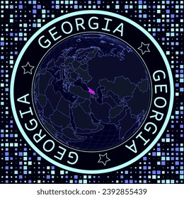 Georgia on globe vector. Futuristic satelite view of the world centered to Georgia. Geographical illustration with shape of country and squares background. Bright neon colors on dark background.