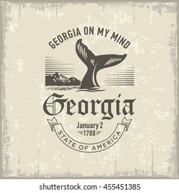 Georgia on my Mind, stylized emblem of the state of America, whale, vintage