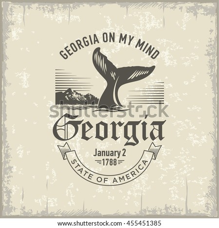 Georgia on my Mind, stylized emblem of the state of America, whale, vintage