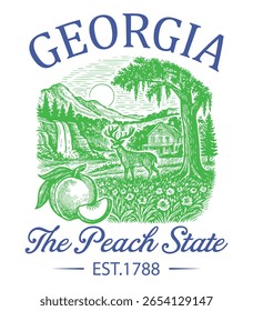 Georgia The Peach State - Estados Unidos Estado Cityscape T-shirt Vetor, Ícones americanos de referência, Vintage Estados Cityscape Camisa, Retro Travel City Art, Estados Landmark Quotes, Estado Vacation Illustration