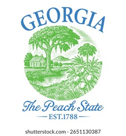 Georgia The Peach State - US State Vintage T-shirt Vector, USA States Cityscape Landmark Icons, American State Typography Shirt, USA Skyline Clipart, Retro travel city illustration
