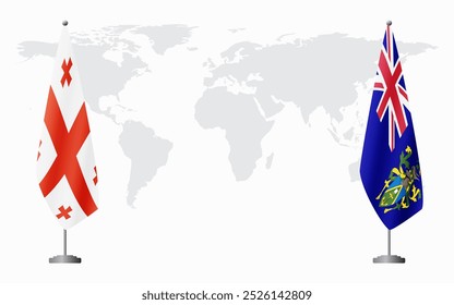 Bandeiras da Geórgia e das Ilhas Pitcairn para reunião oficial em segundo plano do mapa do mundo.