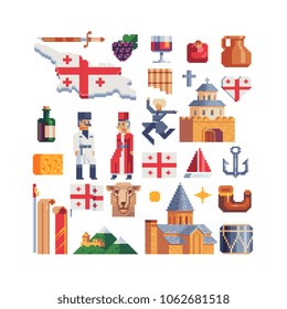Georgia pixel icons set part 4 georgian culture and symbols, national flag, house, horn, wine and drum, man and woman character in traditional clothes isolated vector illustration. Design logo and app