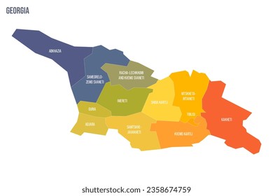 Georgia political map of administrative divisions - regions and autonomous republics of Abkhasia and Adjara. Colorful spectrum political map with labels and country name.