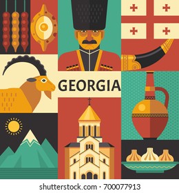 Georgia poster concept. Vector illustration with Georgian culture, food and nature icons, including Georgians Highlander, khinkali, khachapuri, Jug of Wine and Horn for Wine. Isolated on background.