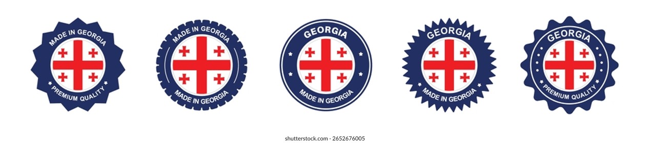 Conjunto de etiquetas de productos de Georgia. Bandera de Georgia, premium fabricada en Georgia. Etiquetas, sellos, sellos, banderas, iconos
