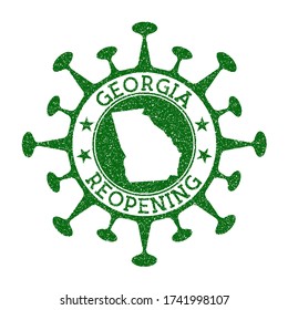 Georgia Reopening Stamp. Green round badge of US state with map of Georgia. US state opening after lockdown. Vector illustration.