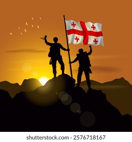 Georgia Republic flag, silhouette of two climbers holding flags at sunset