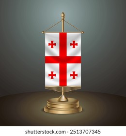 Georgia Republic Vertical table flag with golden pole on dark gradient background, Template banner vector  Illustration