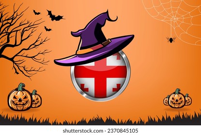georgia round flag with Happy Halloween banner or party invitation background. bats, spiders and pumpkins, orange background