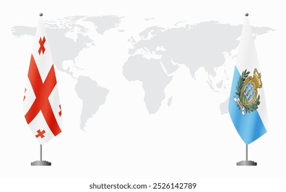 Bandeiras da Geórgia e de São Marino para reunião oficial em segundo plano no mapa do mundo.