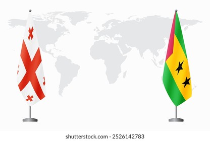 Bandeiras da Geórgia e de São Tomé e Príncipe para reunião oficial ao fundo do mapa do mundo.