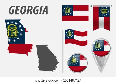 GEORGIA. Set of national infographics elements with various flags, detailed maps, pointer, button and different shapes badges. Patriotic 3d symbols for Sport, Patriotic, Travel, Design, Template.