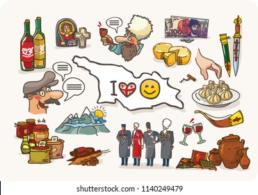 Georgia set. Vector collection of Georgian culture and symbols images, including Georgians Highlander, khinkali, khachapuri, church, Jug of Wine, Horn for Wine, dagger and flag. Georgia travel and tou