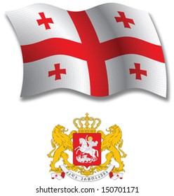 georgia shadowed textured wavy flag and coat of arms against white background, vector art illustration, image contains transparency transparency