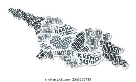 Georgia shape text cloud. Country border with shadow on white background. Georgia with regions division in vintage gazette style. Modern vector illustration.