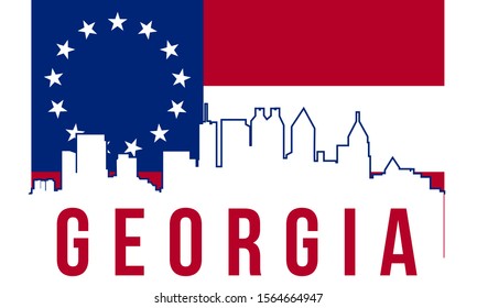 Georgia skyline silhouette background, vector illustration and flag in background