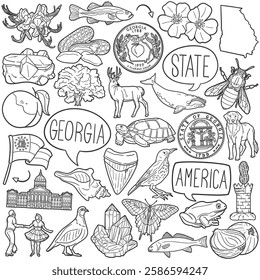 Georgia State Doodle Icons Black and White Line Art. United States Clipart Hand Drawn Symbol Design.