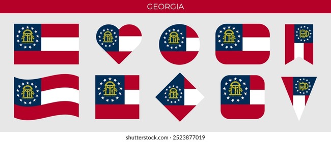 Georgia state flag set. American state flag of different shapes. Vector illustration isolated on white background