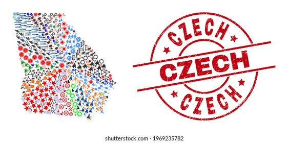 Georgia State map collage and unclean Czech red circle badge. Czech badge uses vector lines and arcs. Georgia State map collage includes helmets, houses, showers, bugs, people, and more symbols.