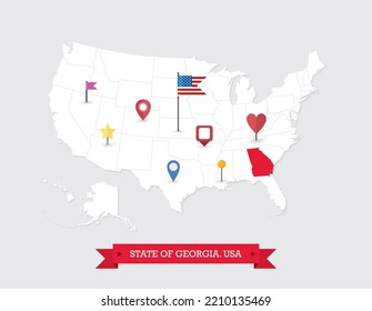 Georgia State map highlighted on USA map. Georgia map on United state of America with flag and navigation icons.