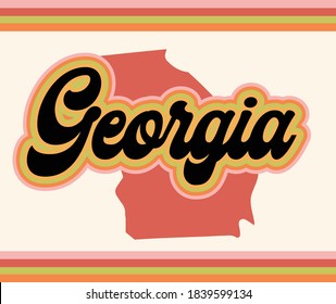 Georgia state map with lettering text with a 70s vintage stylized aesthetic typography, in muted colors