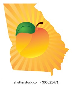 Georgia State with Official Symbol Peach Fruit in Map Silhouette Outline Color Vector Illustration