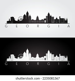 Georgia state skyline and landmarks silhouette, black and white design. Vector illustration.