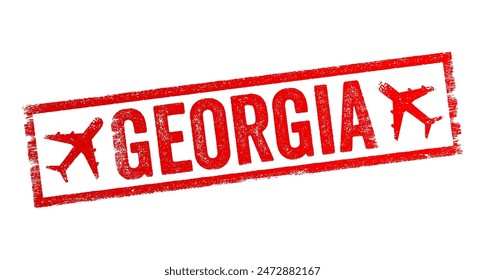 Georgia - is a state in the Southeastern region of the United States, text emblem stamp with airplane