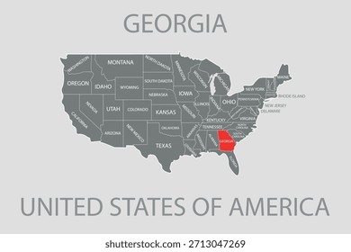 Estado de Georgia, EE.UU., mapa de Vector aislado en el mapa de Estados Unidos. Mapa de Vector en blanco editable de EE.UU.