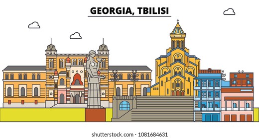 Georgia, Tbilisi. City skyline, architecture, buildings, streets, silhouette, landscape, panorama, landmarks. Editable strokes. Flat design line vector illustration concept. Isolated icons