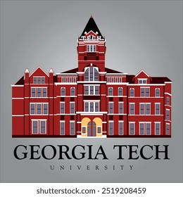 Georgia tech university. american famous architecture Atlanta georgia brick design building with tower. print ready eps vector file of georgia tech uni. technology university midtown atlanta