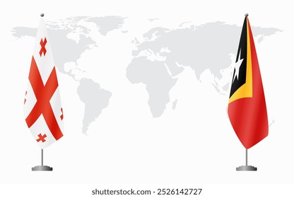 Bandeiras da Geórgia e de Timor-Leste para reunião oficial em segundo plano no mapa do mundo.