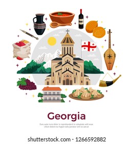 Georgia for tourists flat round composition poster with mountains landmarks musical instruments wine spices dishes vector illustration