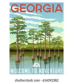 Georgia travel poster or sticker. Vector illustration of bald cypress in wetland swamp svg