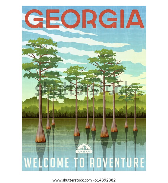 Georgia travel poster or sticker. Vector\
illustration of bald cypress in wetland\
swamp