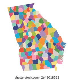 Mapa de estados da Geórgia (Estados Unidos). Mapa do estado americano da Geórgia com cidade multicolor.