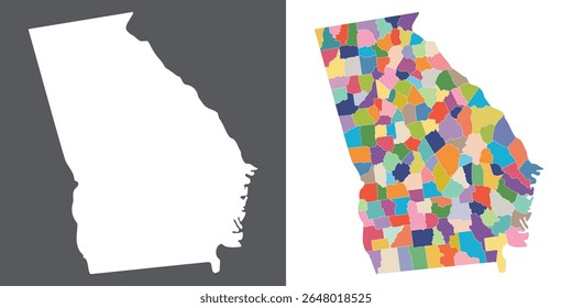 Mapa de estados da Geórgia (Estados Unidos). Mapa do estado americano da Geórgia com cidade em multicolor.