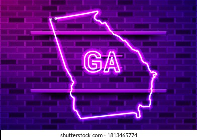 Georgia US state glowing neon lamp sign. Realistic vector illustration. Purple brick wall, violet glow, metal holders.