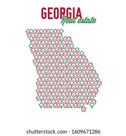 Georgia US state realty creative concept. Icons of houses with gardens in the shape of a map of Georgia. Vector illustration.