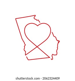 Georgia US state red outline map with the handwritten heart shape. Continuous line drawing of patriotic home sign. A love for a small homeland. T-shirt print idea. Vector illustration.