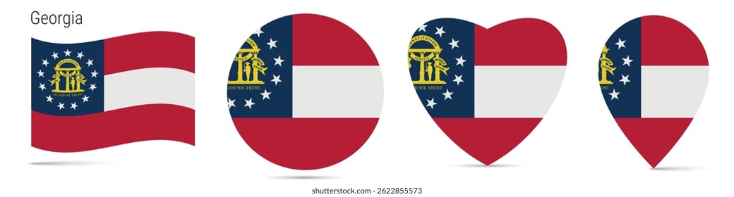 Georgia US state waving flag, round circle sticker badge, heart shaped icon, map pin. Flag buttons of different shapes. Vector illustration isolated on white.