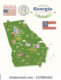 Georgia USA postcard. Peach state vector poster. Travel background in flat style.