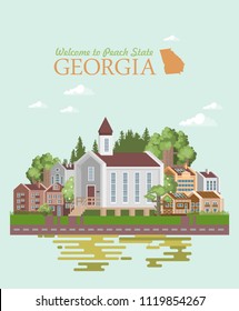Georgia USA postcard. Peach state vector poster. Travel background in flat style.