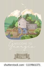 Georgia USA postcard. Peach state vector poster. Travel background in flat style.