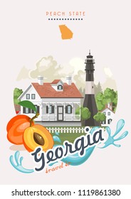 Georgia USA postcard. Peach state vector poster. Travel background in flat style.
