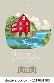 Georgia USA postcard. Peach state vector poster. Travel background in flat style.