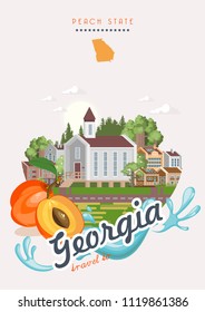 Georgia USA postcard. Peach state vector poster. Travel background in flat style.