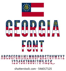 Georgia USA state flag font. Alphabet, numbers and symbols stylized by state flag. Vector typeset